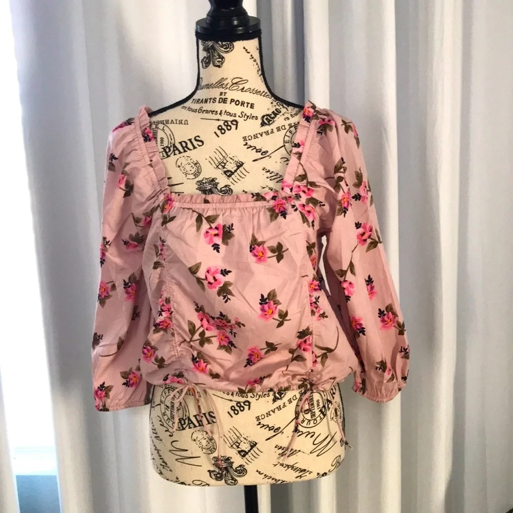 New Sexy Pink Flower Blouse Top square neck
